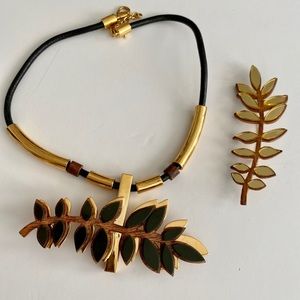 Lela Rose leaf necklace and brooch